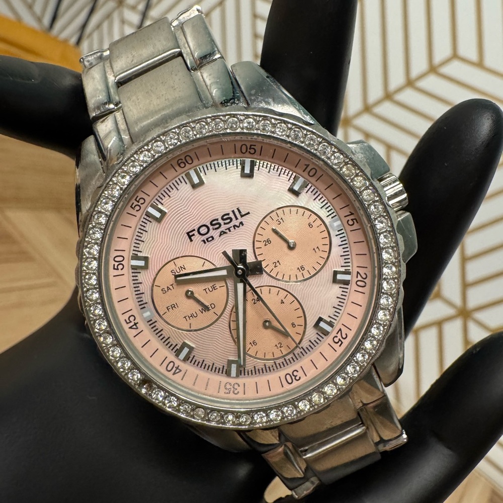 Fossil Women's Silver Chronograph Watch with Pearlescent Pink Dial